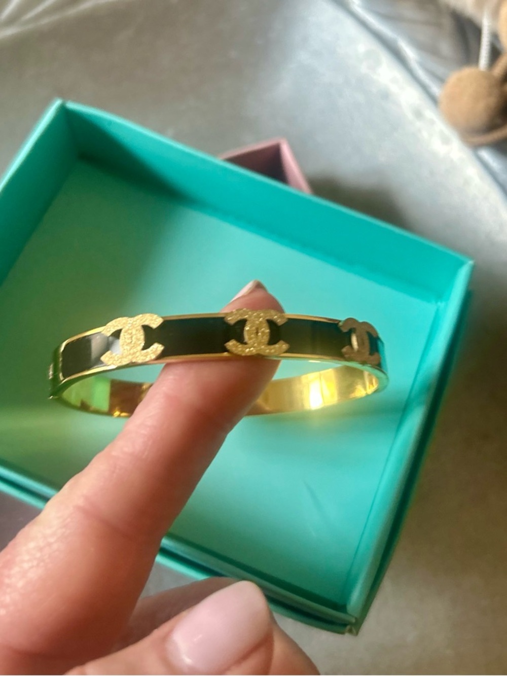 Gold-Tone Logo Accent Black Enamel Bangle Bracelet - Picture 5 of 6